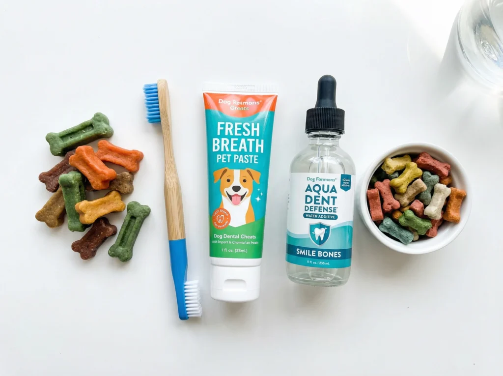 Dog dental care products including dental chews, toothbrush, toothpaste