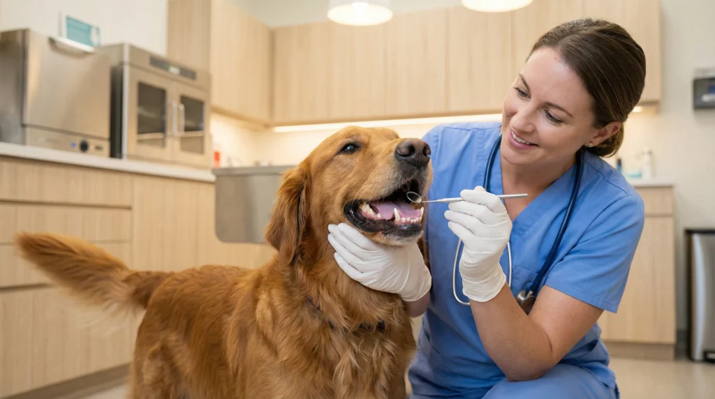 Golden retriever getting a dental exam from a veterinarian in a modern clinic