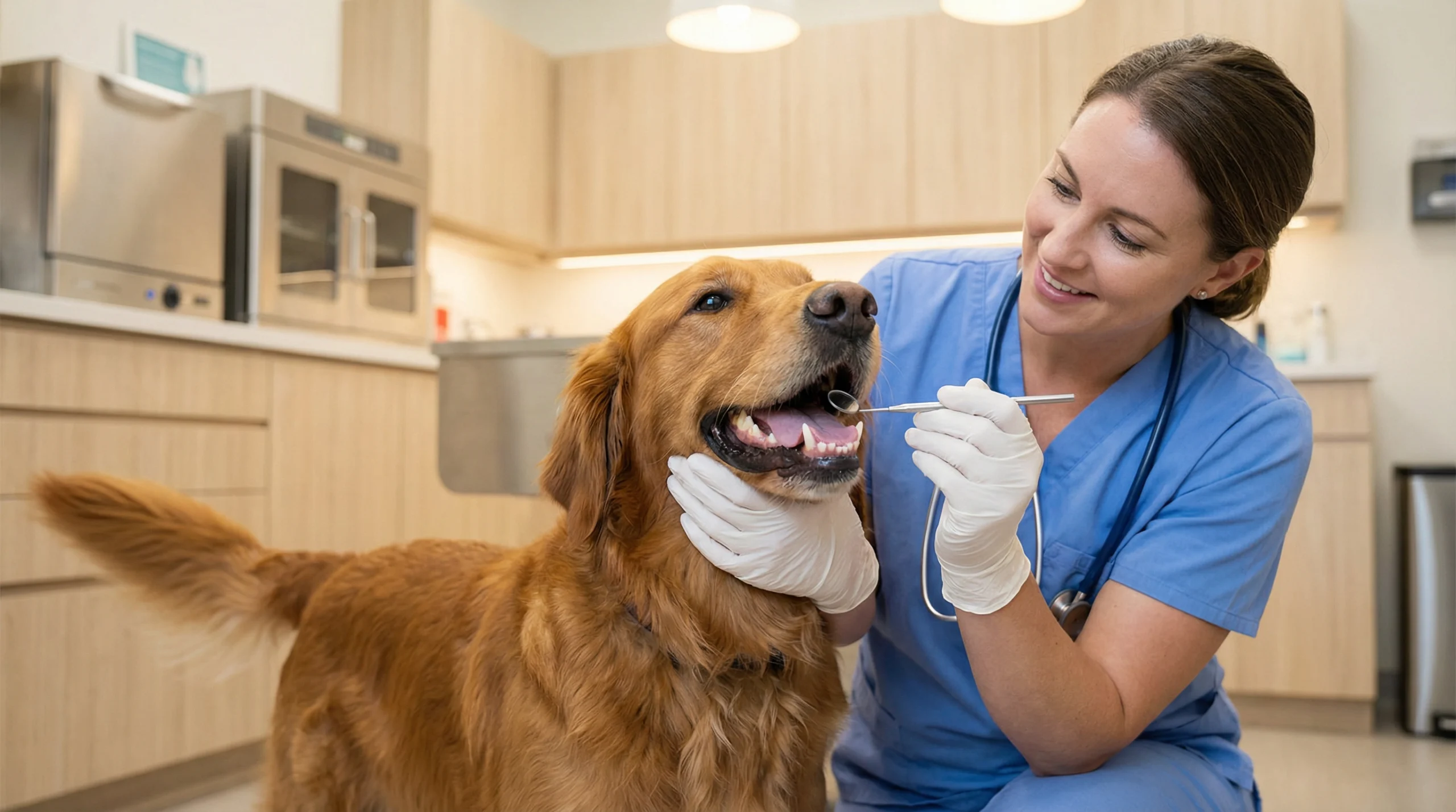Golden retriever getting a dental exam from a veterinarian in a modern clinic