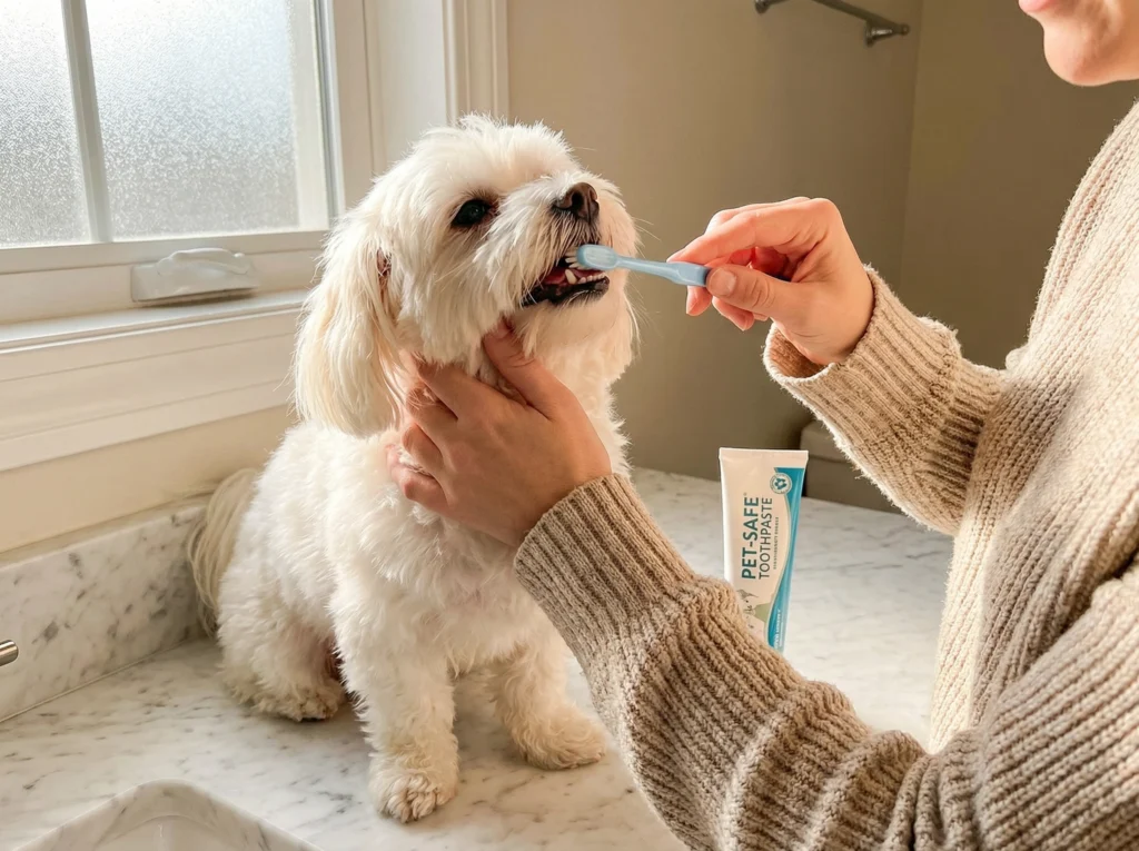 Pet owner gently brushing a small white dog's teeth with a soft toothbrush and pet-safe toothpaste