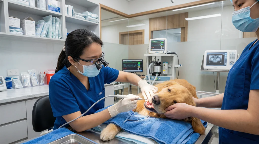 Veterinarian performing a professional dental cleaning on a golden retriever