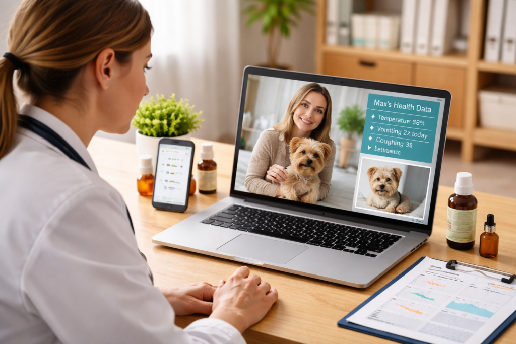 Veterinarian consulting a pet owner online