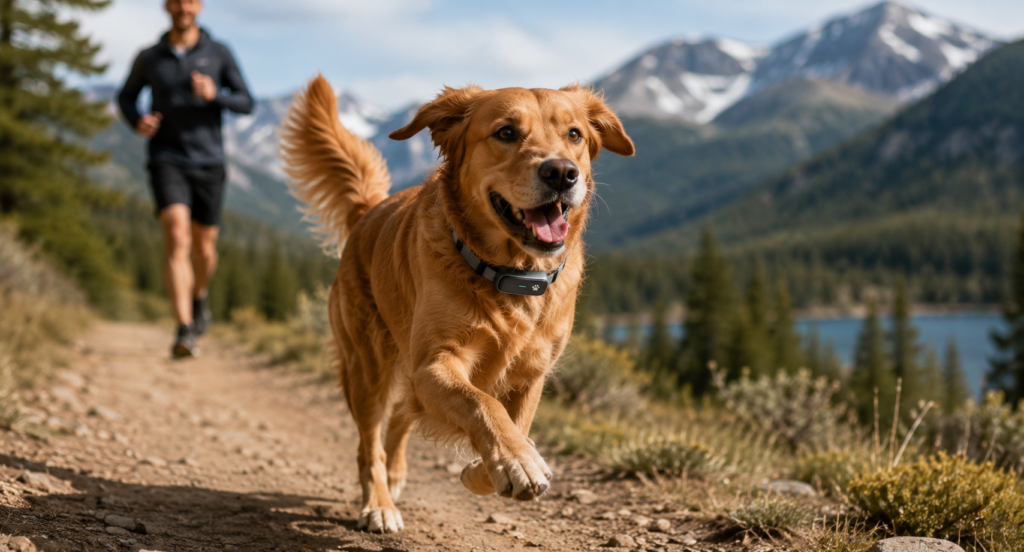 Active dog wearing a smart AI health tracker during outdoor exercise