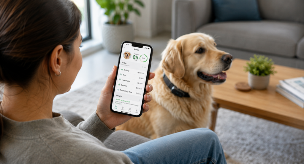 Dog owner checking AI pet tracker health data on a smartphone app