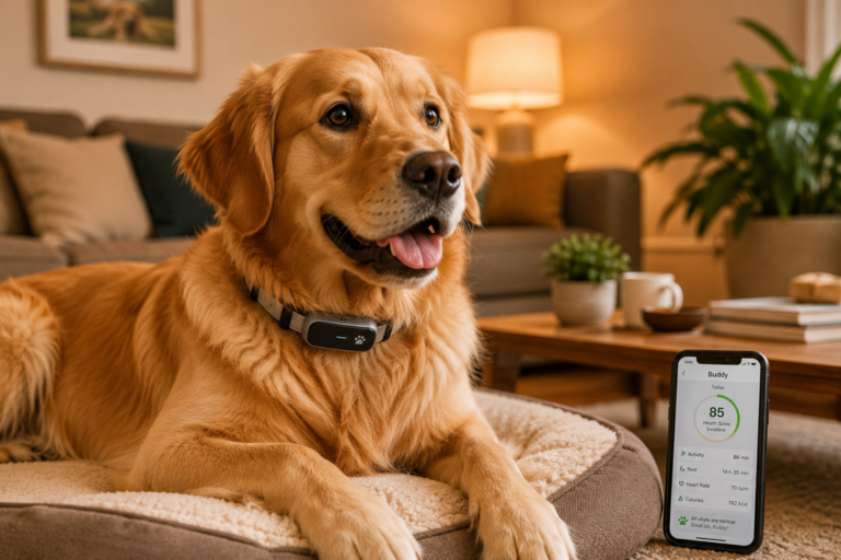 Golden retriever wearing an AI dog health tracker collar while relaxing at home