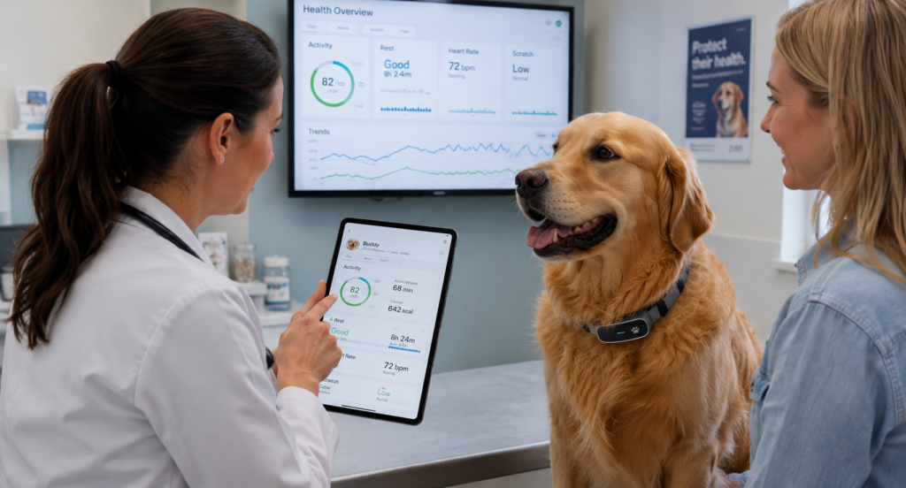 Veterinarian reviewing smart dog health tracker data during a wellness appointment