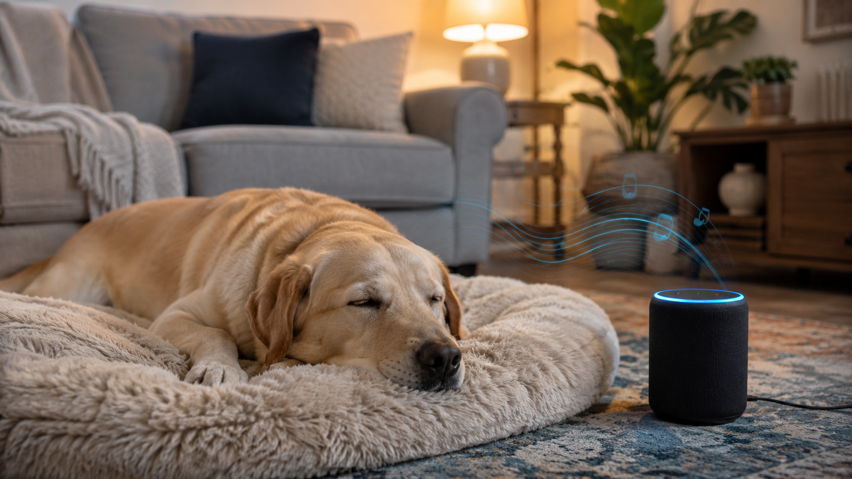 Dog relaxing at home while listening to calming music therapy for dogs