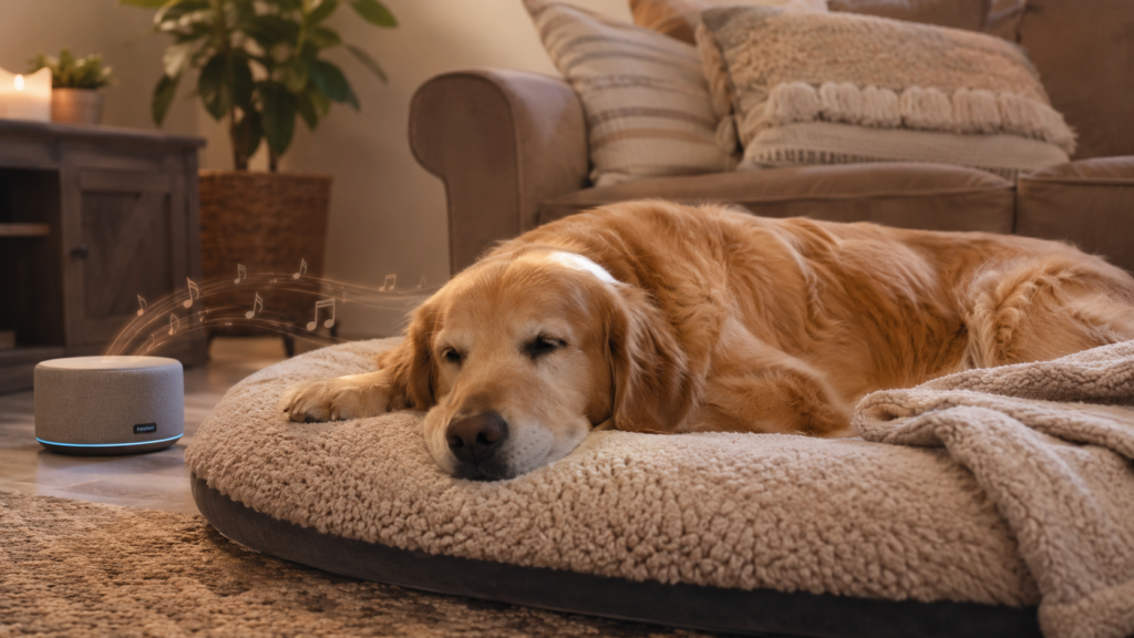 Golden retriever relaxing on a dog bed while listening to calming dog music