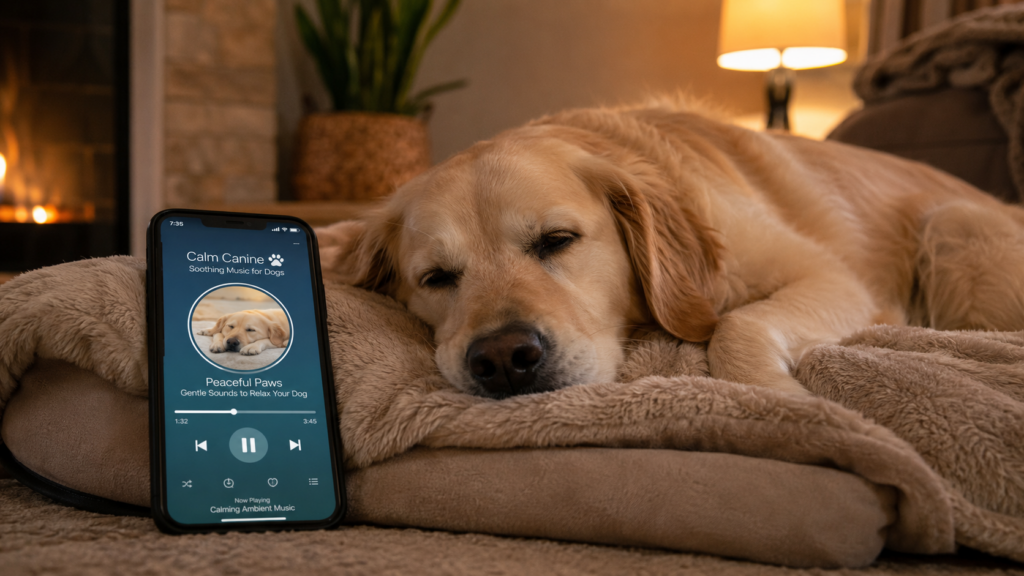 Smartphone playing calming music playlist for a sleepy dog at home