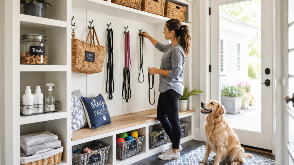 Dog owner organizing leashes, toys, and grooming supplies in a clean dog-friendly mudroom