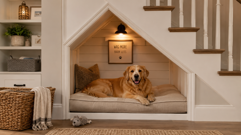Golden retriever resting in a cozy built-in dog nook under stairs in a pet-friendly home