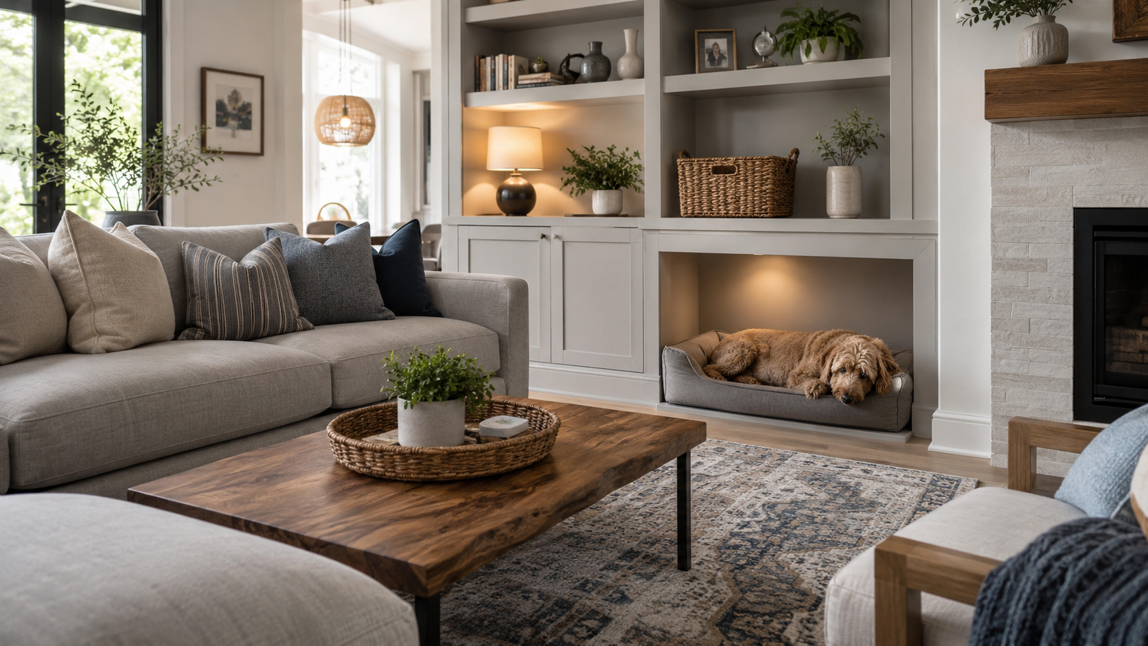 Modern dog-friendly home design with cozy built-in dog nook and washable living room decor