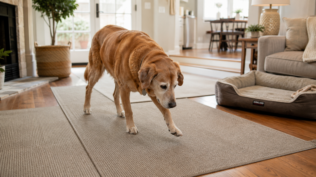 Senior dog walking on non-slip rugs in a safe dog-friendly living room