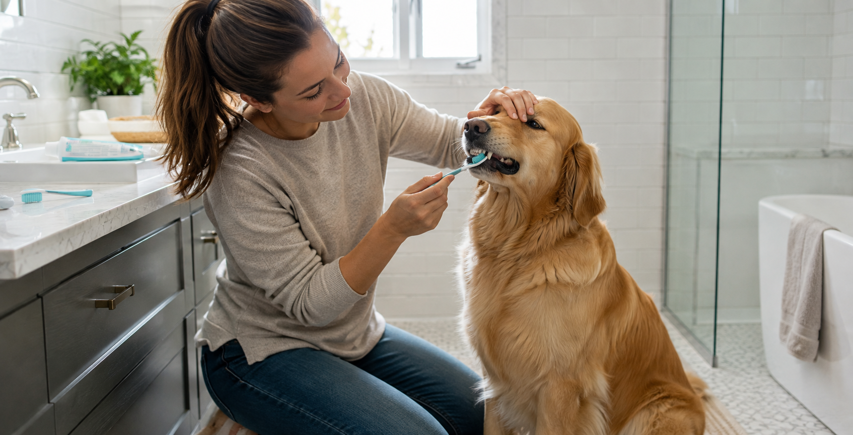 Dog owner brushing a golden retriever’s teeth as part of an at-home dog dental care routine