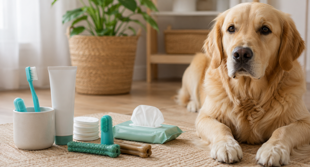 Pet-safe toothbrush toothpaste and dental wipes prepared for at-home dog dental care