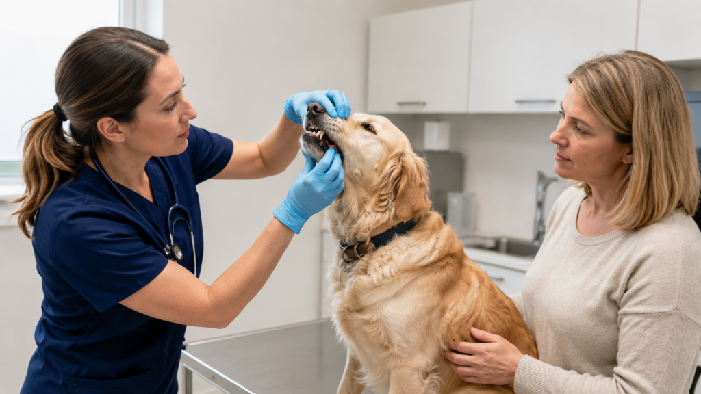 Veterinarian checking a dog’s teeth during a dental wellness appointment