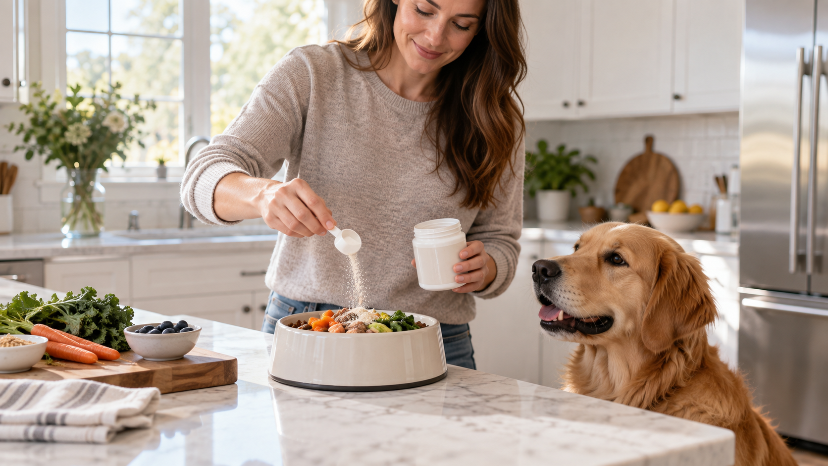 Dog owner adding probiotic powder to a healthy dog meal to support dog probiotics and gut health