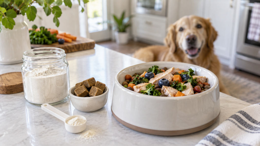 Dog owner preparing a balanced dog meal with probiotic supplement