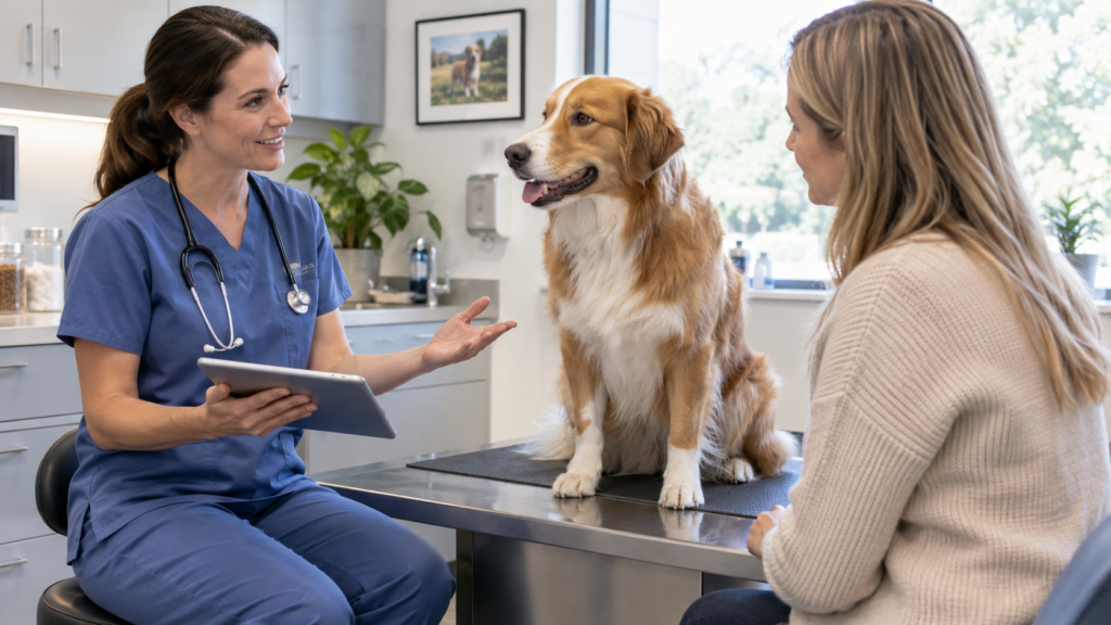 Veterinarian discussing dog probiotics and gut health options with a pet owner during a wellness visit